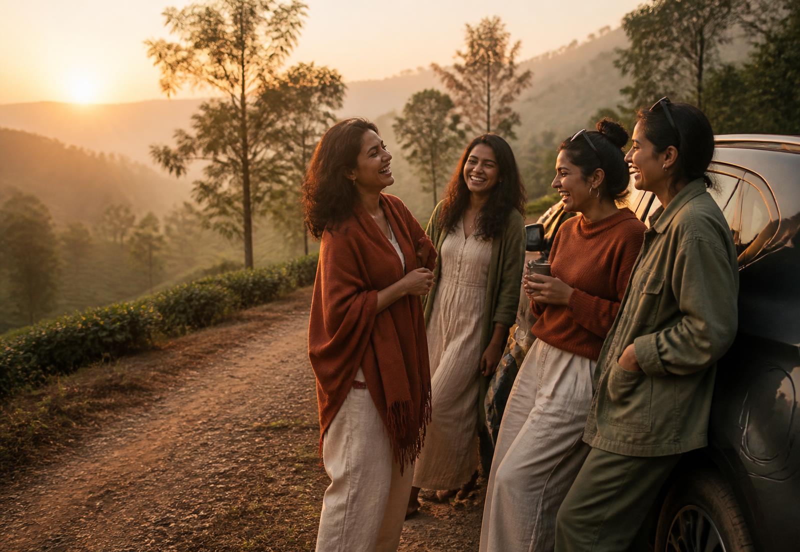 A group of women friends laughing beside their car on a misty hill road at sunrise